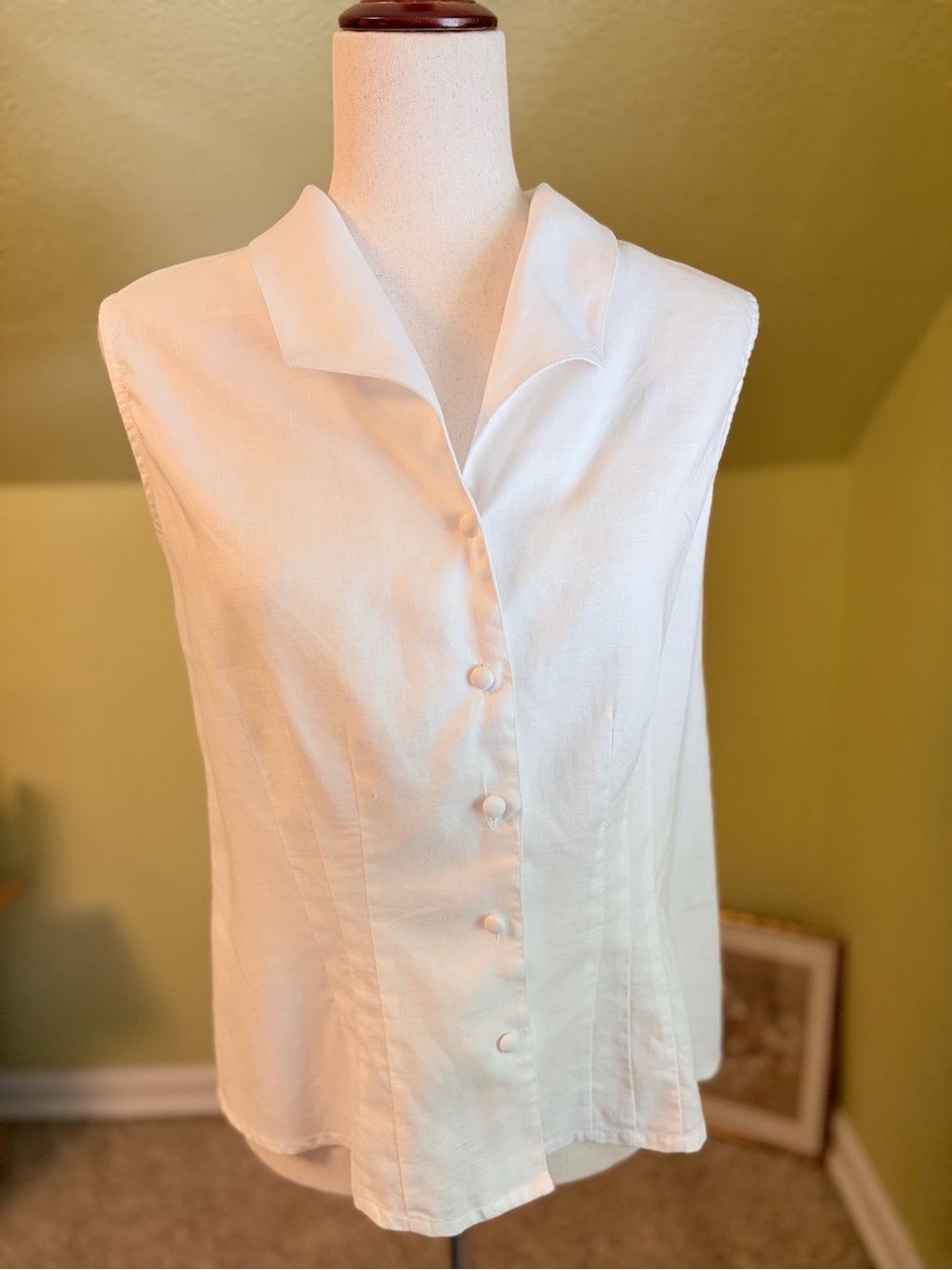 Vintage J Peterman White 100% Linen Sleeveless Button Up Blouse Coastal GenX